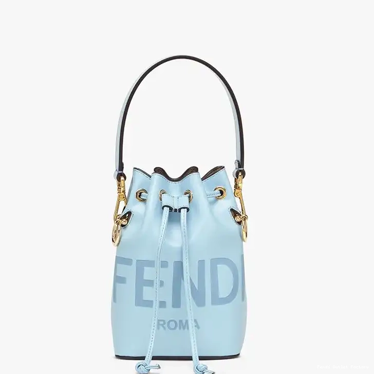 HOT Calf Logo Fendi Mini Bag Bucket In Leather ROMA Mon Blue Sky Tresor 0525